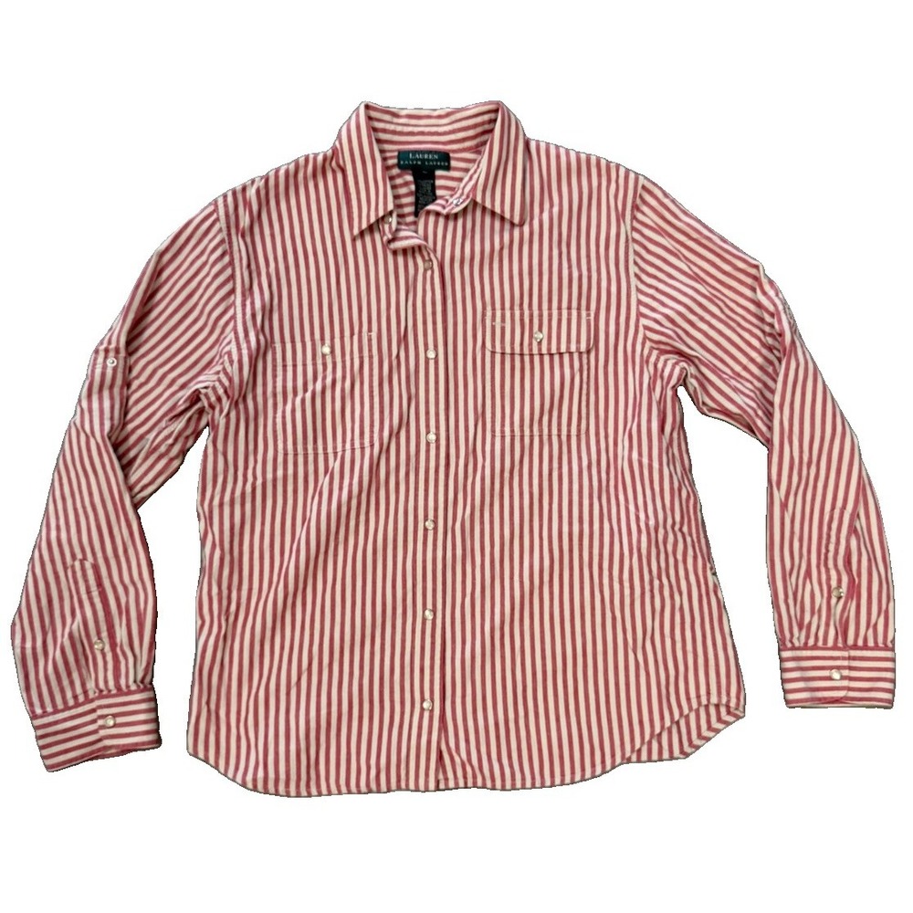 Vintage Lauren Ralph Lauren Women's L Red White Stripe Pearl Snap Western Shirt